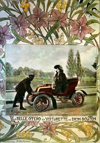 La Belle Otero egy De Dion-Bouton autó volánjánál, 1900 körül alkotó: Arsene Herbinier