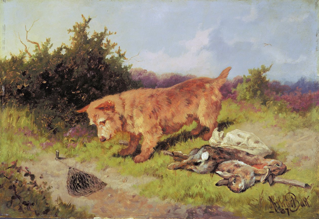 Terrier néz egy nyúlcsapdát, 1887 (olaj, malomdeszka) alkotó: Arthur Batt