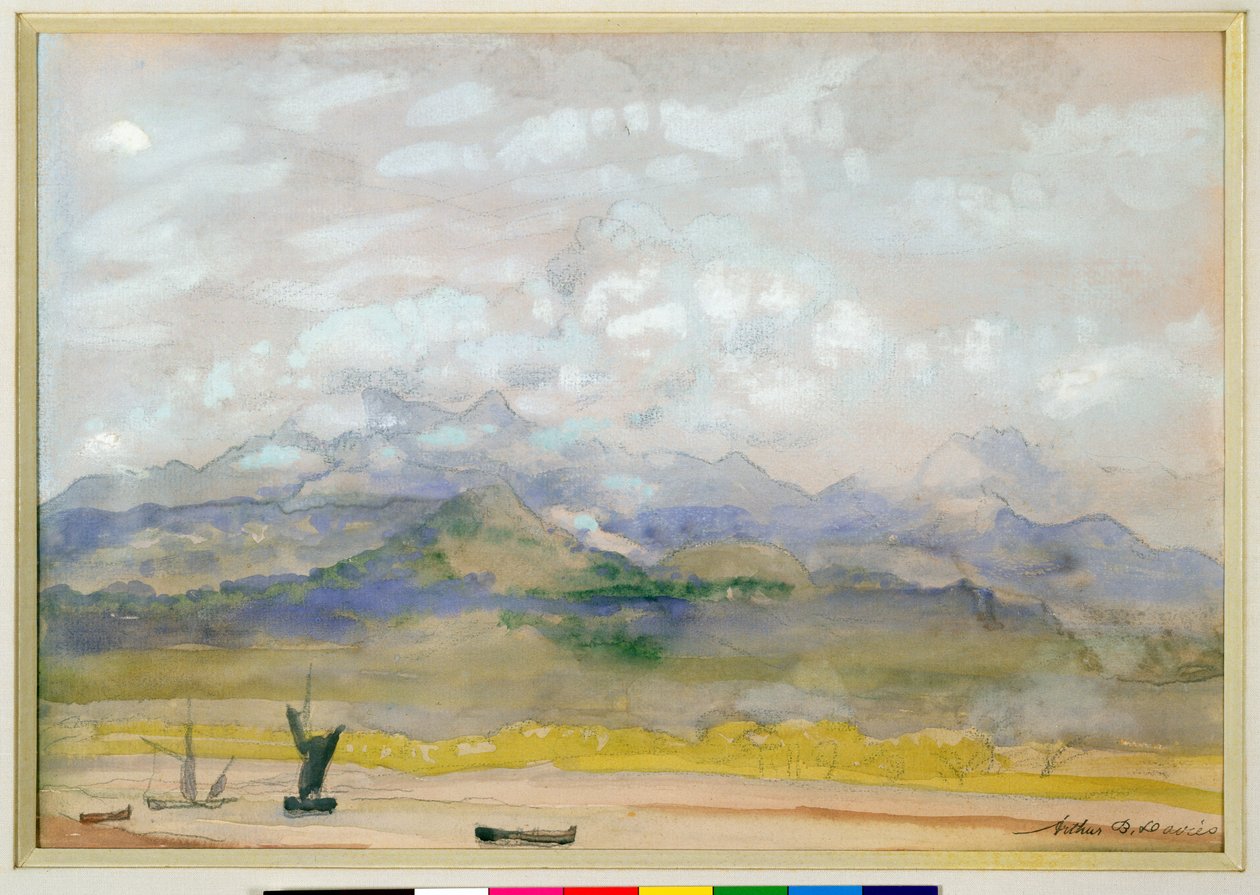 Romantikus táj (wc, gouache és ceruza papíron) alkotó: Arthur Bowen Davies