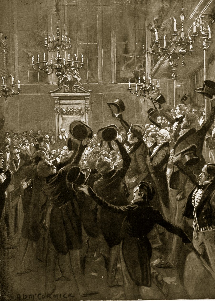 Az első reformtörvény második olvasata után illusztráció a „Hutchinson története a brit nemzetről”, 1923 körül alkotó: Arthur David McCormick