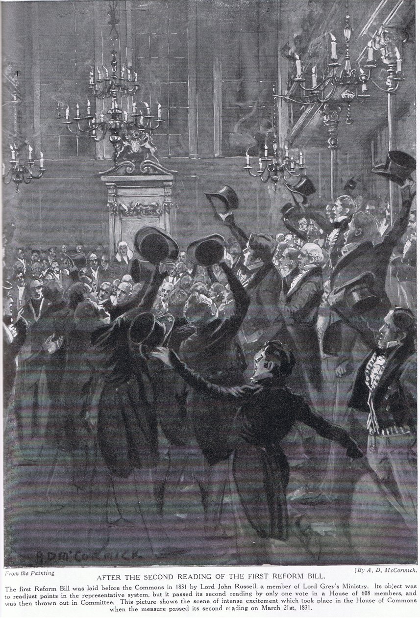 Az első reformtörvény második olvasata után illusztráció a „Hutchinson története a brit nemzetről” c. alkotó: Arthur David McCormick