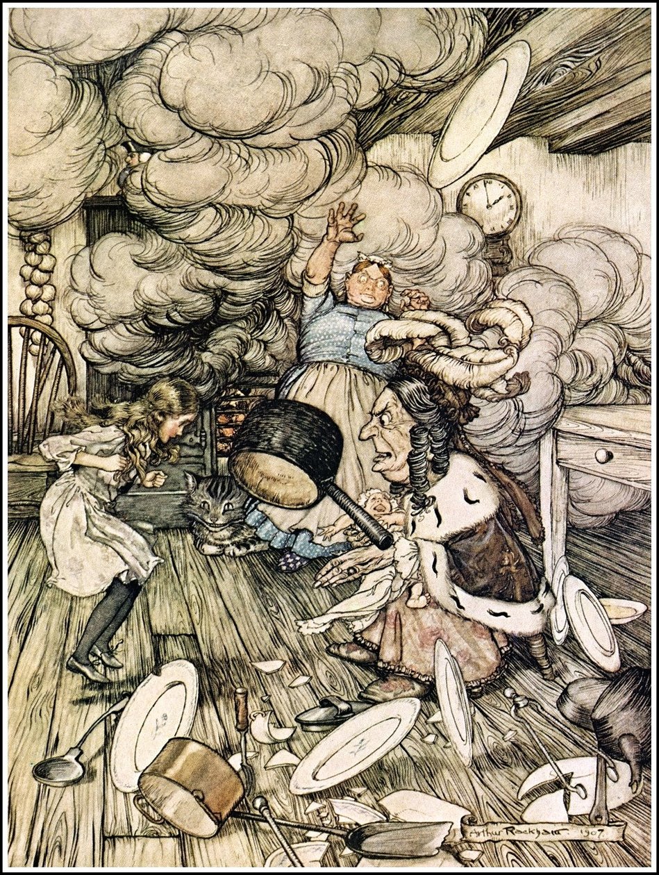 Alices Adventures in Wonderland - Szokatlanul nagy serpenyő repült közel hozzá, és majdnem magával vitte alkotó: Arthur Rackham