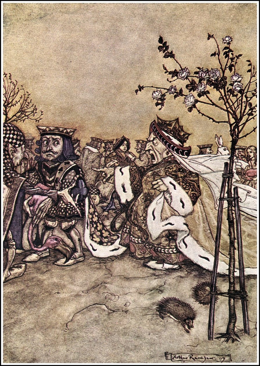 Alices Adventures in Wonderland - A királynő soha nem hagyta abba a veszekedést a többi játékossal, és azt kiáltotta: Fejjel le! vagy: Fejjel le! n alkotó: Arthur Rackham