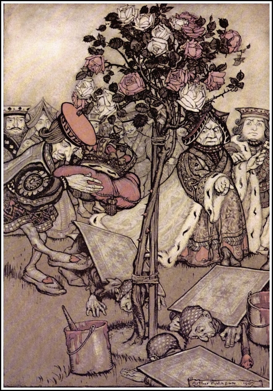 Alices Adventures in Wonderland - A királynő dühösen elfordult tőle, és azt mondta a Knave -nek: Fordítsd meg őket. N alkotó: Arthur Rackham