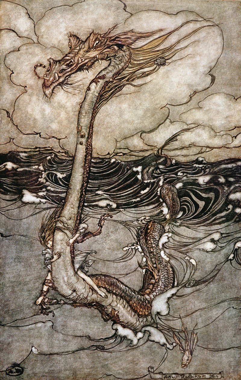 Egy fiatal lány tengeri kígyón lovagol, 1904 alkotó: Arthur Rackham