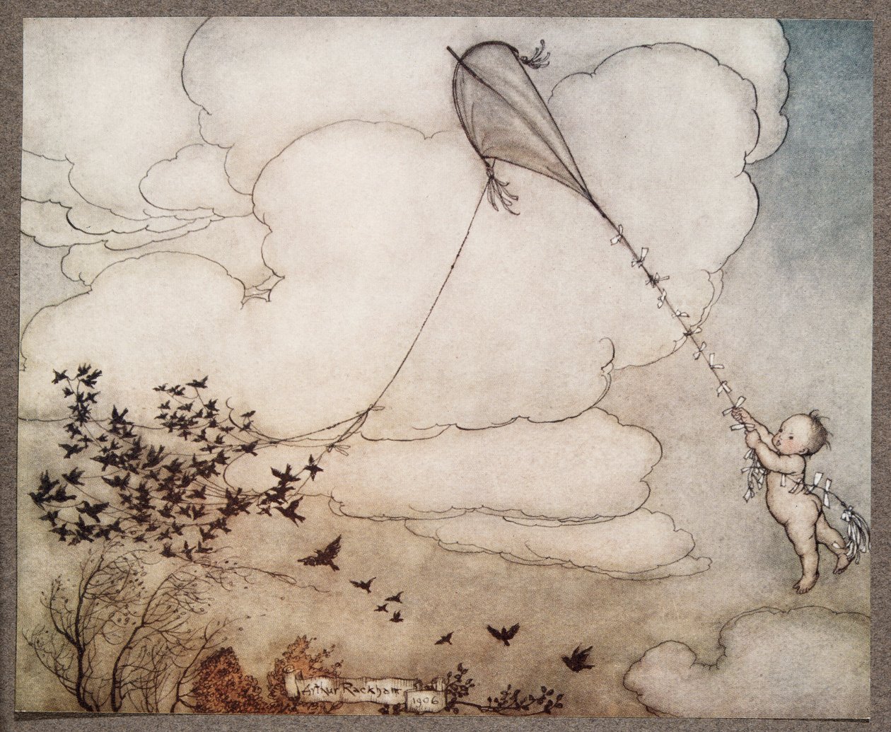 Egy százas elrepült a madzaggal, és Péter a farkába kapaszkodott, J. M. Barrie (1860-1937) Peter Pan in Kensington Gardens című művéből, kiad. 1906 alkotó: Arthur Rackham