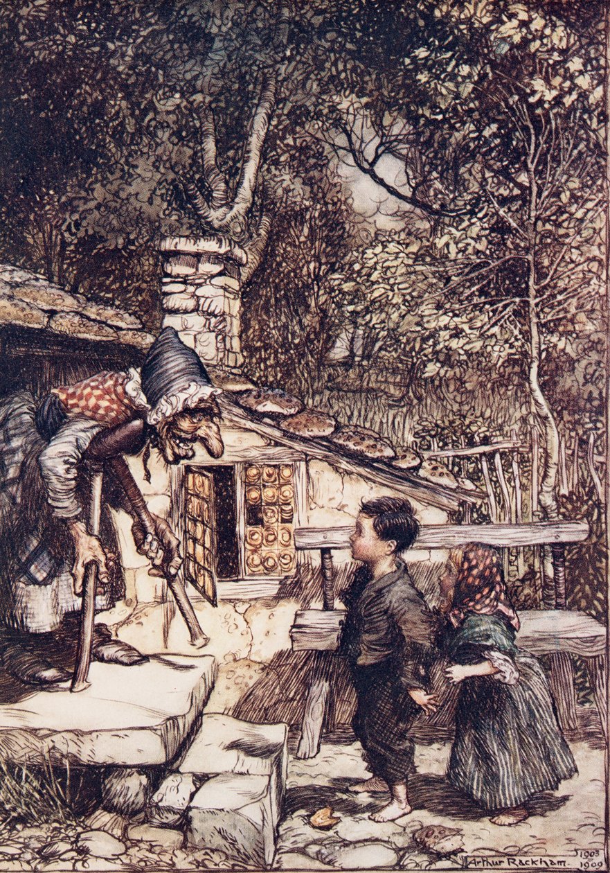 Egyszer csak kinyílt az ajtó, és egy öreg, öreg Nő, aki egy mankóra támaszkodva bicegett ki rajta ?, a Grimm testvérek meséiből, pub. 1909 alkotó: Arthur Rackham