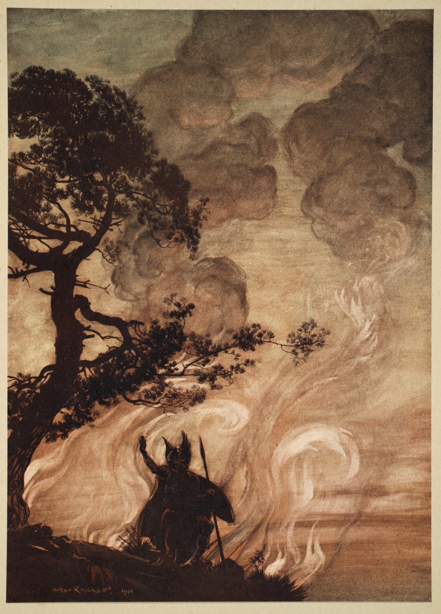 Ahogy lassan távolodik, Wotan megfordul, és szomorúan néz vissza Brunnhildére, a Rajnaarany és a Valkűr című 1910-es illusztrációjára. alkotó: Arthur Rackham