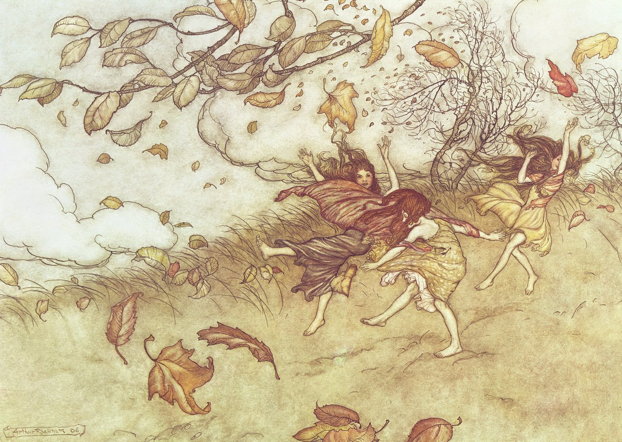 Őszi tündérek a „Pán Péter a Kensington Gardensben”, J. M. Barrie, 1906 alkotó: Arthur Rackham