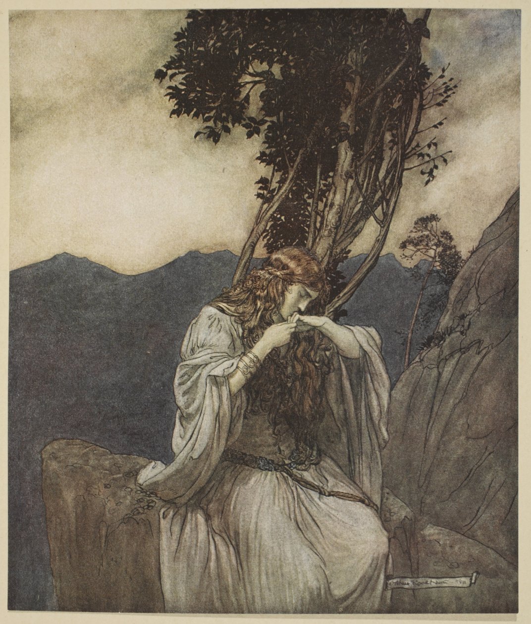 Brunnhilde megcsókolja a gyűrűt, amelyet Siegfried hagyott nála, illusztráció a „Siegfried és az istenek alkonya” című művéből, 1924 alkotó: Arthur Rackham