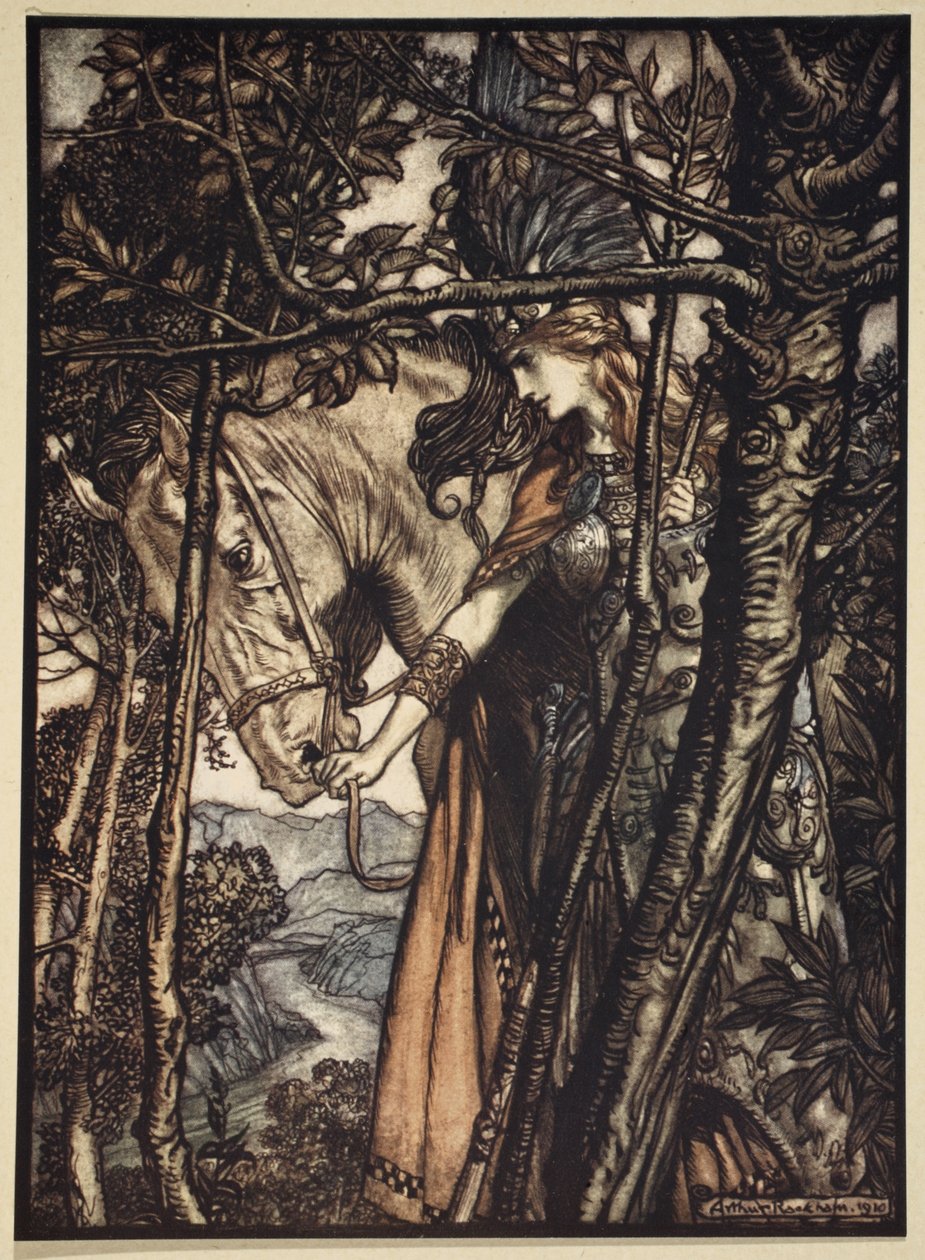 Brunnhilde lassan és csendben vezeti lovát a barlanghoz vezető ösvényen, illusztráció a "The Rhinegold and the Valkyrie" című filmből, 1910. alkotó: Arthur Rackham