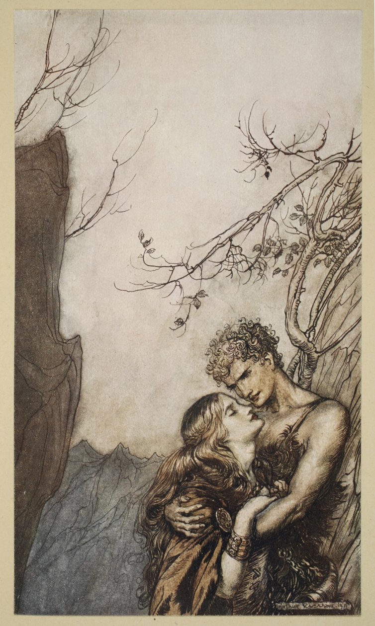 Brunnhilde Siegfried karjaiba veti magát, illusztráció a „Siegfried és az istenek alkonya” című művéből, 1924 alkotó: Arthur Rackham