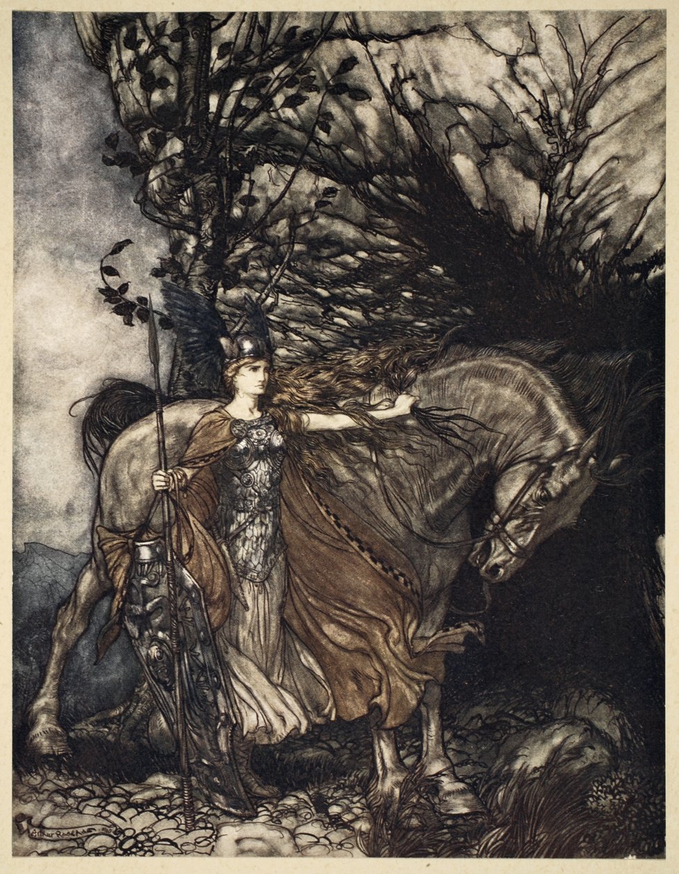 Brunnhilde a lovával a barlang torkolatánál, illusztráció a „The Rhinegold and the Valkyrie”-ből, 1910 alkotó: Arthur Rackham