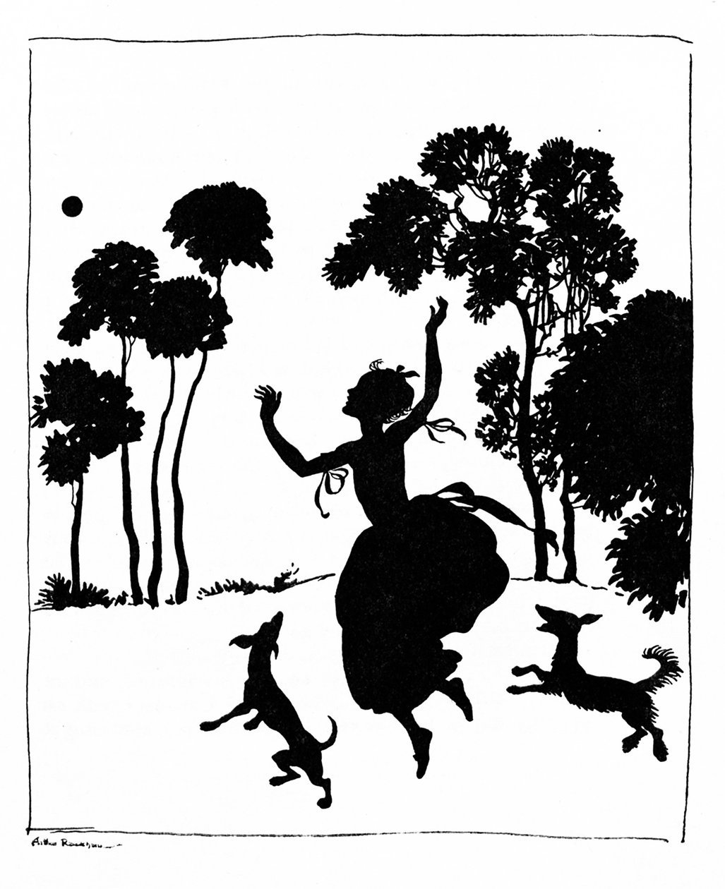 Hamupipőke kutyájával játszik, 1919 alkotó: Arthur Rackham