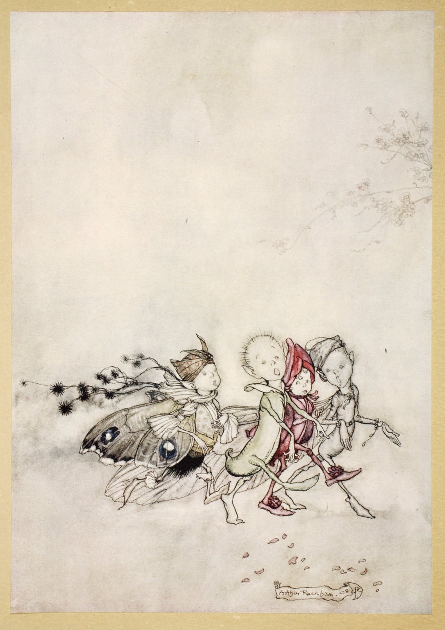 Enter Peasebottom, Cobweb, Moth és Mustármag, illusztráció William Shakespeare 1908-as Szentivánéji álom című művéből alkotó: Arthur Rackham