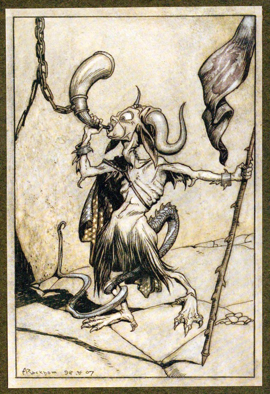 A Barbakán-torony kapujánál hangos, húsz trombita erejével fújták meg a kürtöt, a The Ingoldsby Legends kocsmából. 1907 alkotó: Arthur Rackham