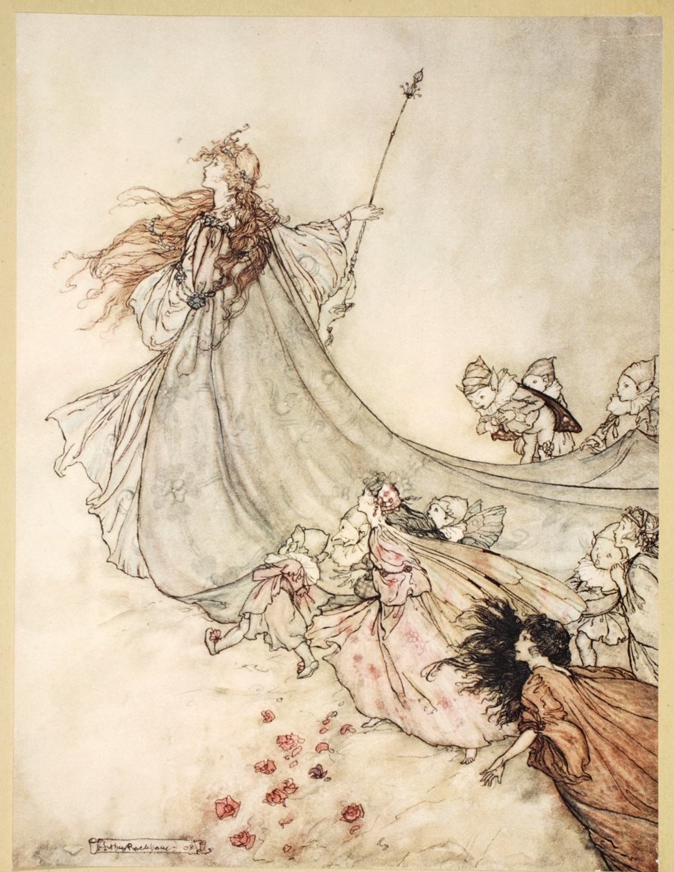 ...Tündérek el! Ha tovább maradok, egyenesen szidni fogunk, illusztráció William Shakespeare "Szentivánéji álom" című művéből, 1908. alkotó: Arthur Rackham