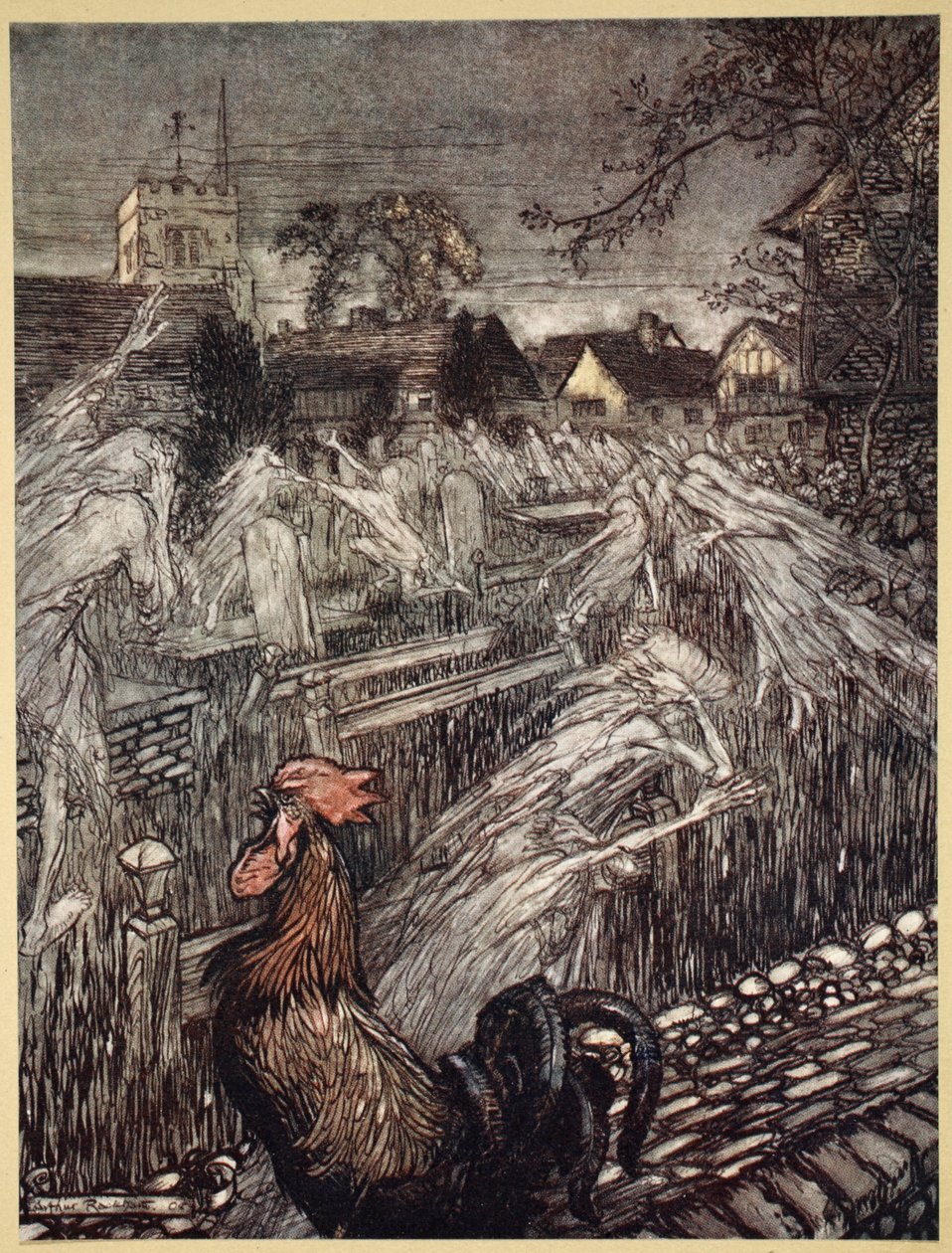 ..Szellemek ide-oda vándorolva, haza a templomkertekbe, illusztráció William Shakespeare 1908-as Szentivánéji álom című művéből alkotó: Arthur Rackham