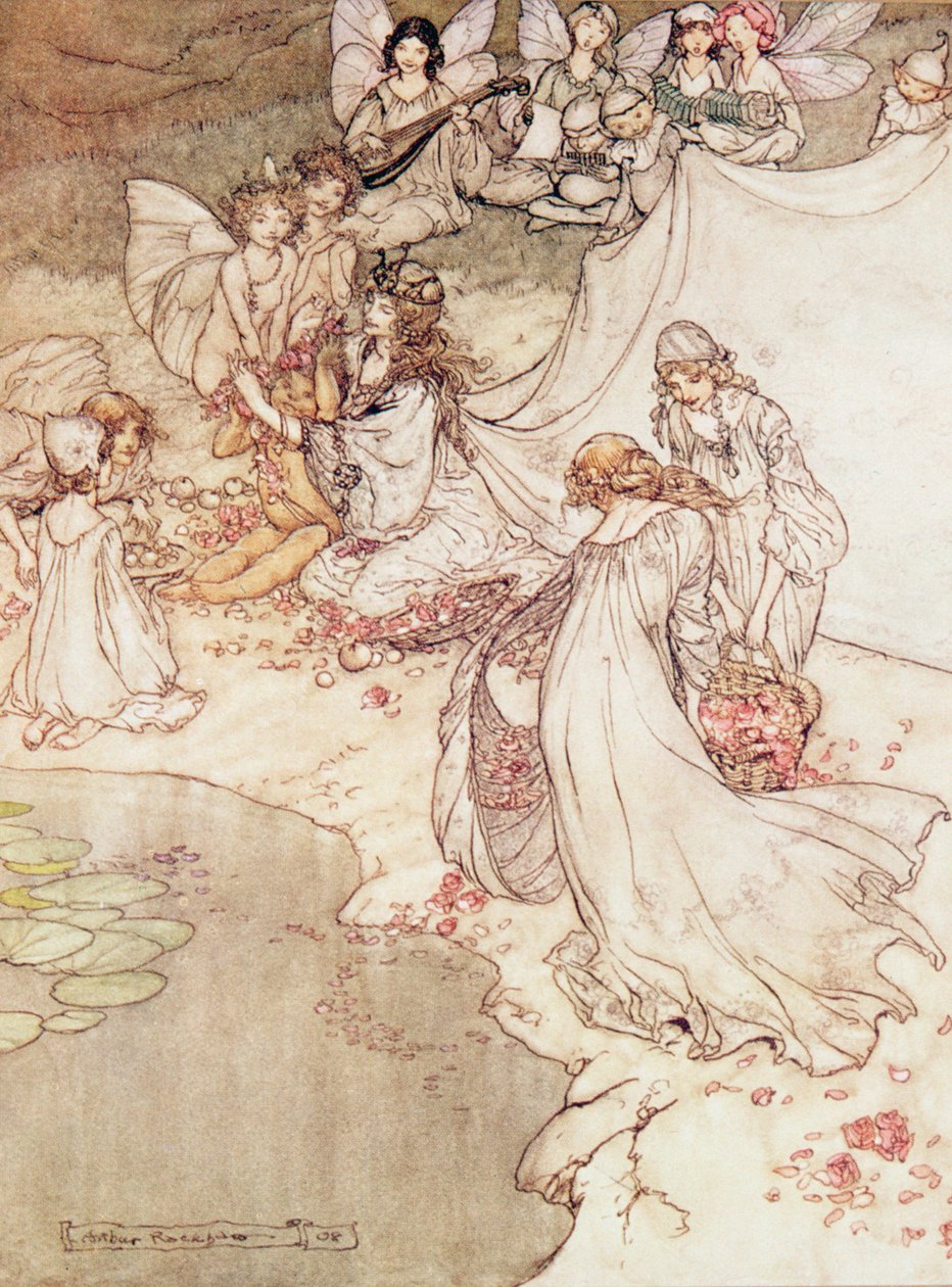 Illusztráció egy tündérmeséhez, Tündérkirálynő egy gyermeket virággal borít alkotó: Arthur Rackham