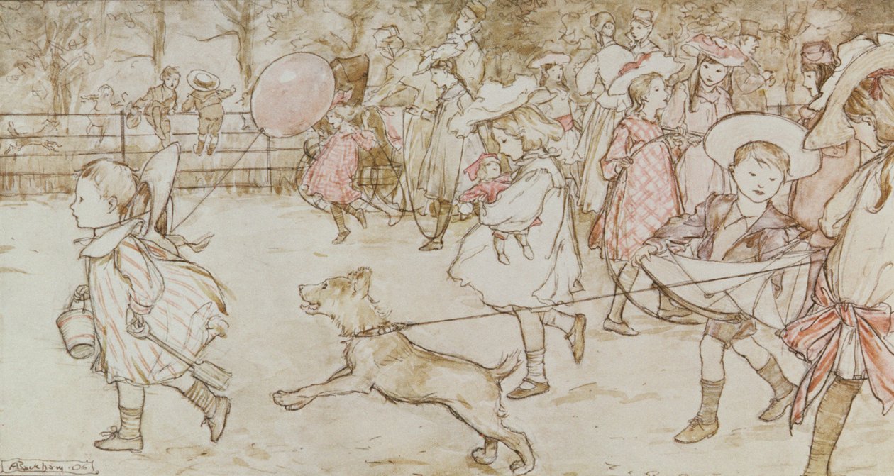 „In the Broad Walk” a „Peter Pan in Kensington Gardens”-ből, J. M. Barrie, 1906 alkotó: Arthur Rackham
