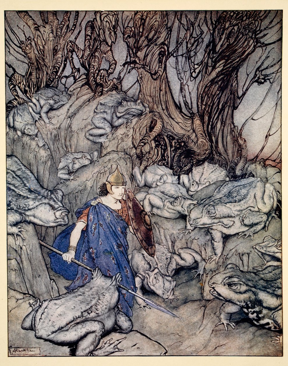 Abban a villás völgyben, amelybe este becsúszott, óriási varangyok vették körül, illusztrációja James Stephens „Irish Fairy Tales” című művéből, 1920. alkotó: Arthur Rackham
