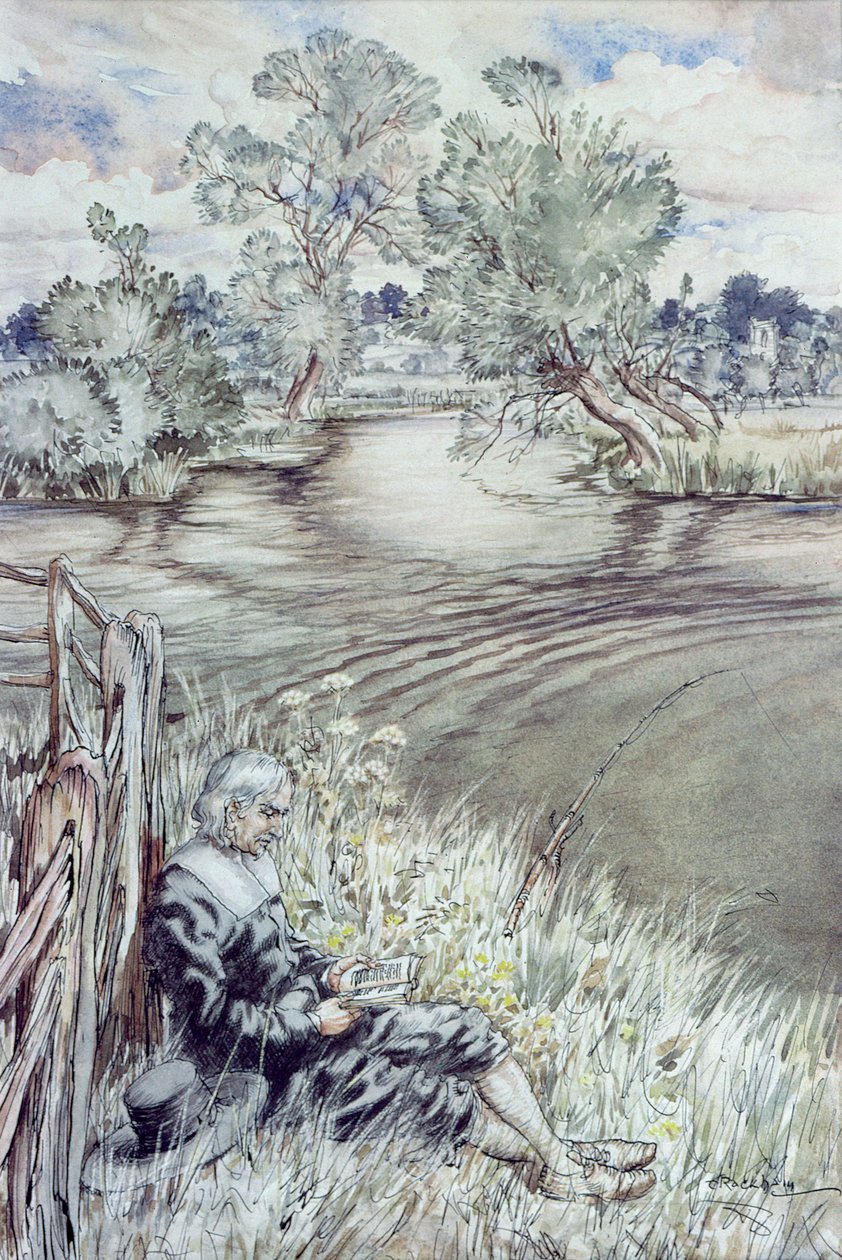 Izaak Walton a kerítésnek támaszkodva, Izaak Walton „The Compleat Horgász” című művéből, 1931 alkotó: Arthur Rackham