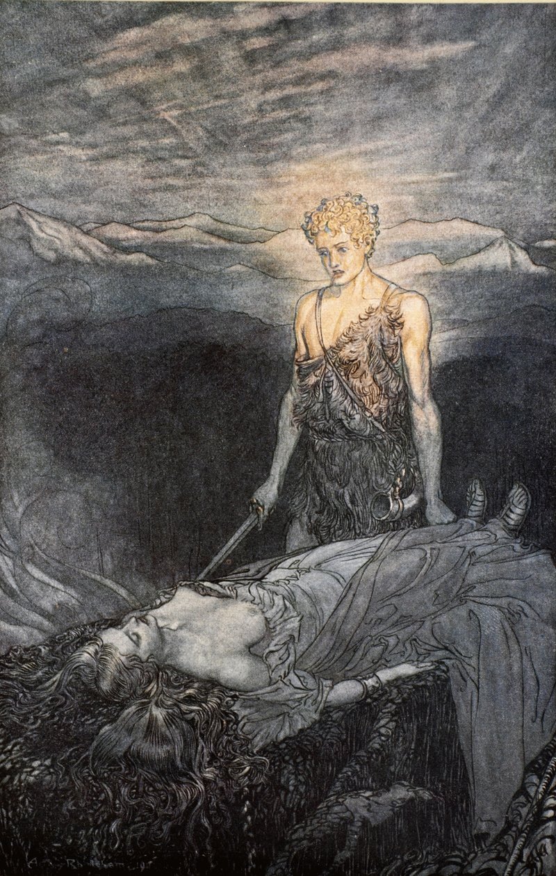 "Varázslatos elragadtatás hatol a szívembe; tekintetem megmerevedik, ég a rémülettől, megtántorodom, szívem elájul és elájul!", illusztráció a "Siegfried és az istenek alkonya" című könyvből, 1924. alkotó: Arthur Rackham