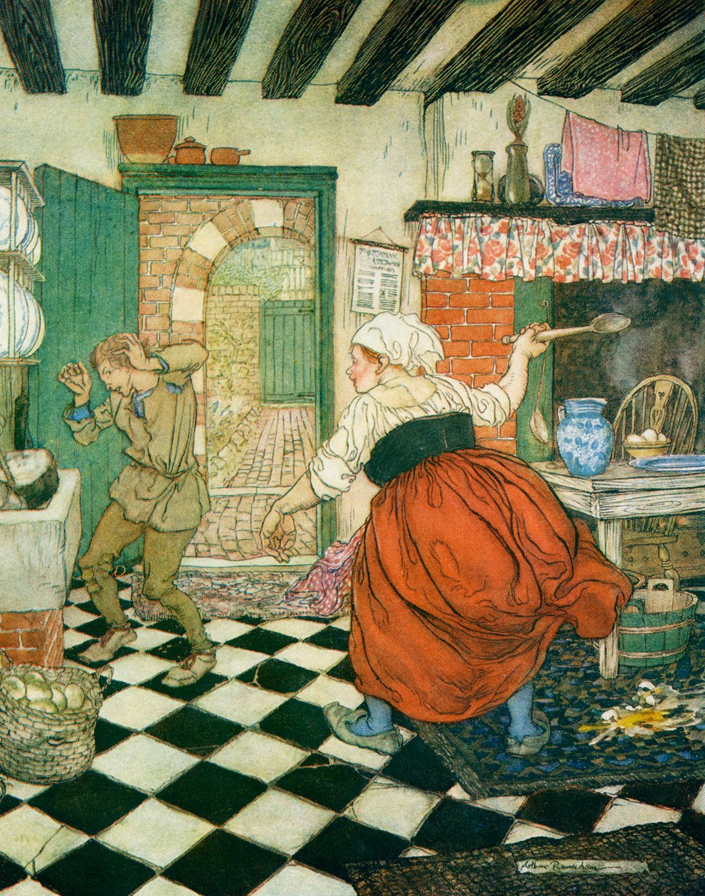 Sok a seprűnyélből vagy merőkanál verés, illusztráció Dick Whittingtonhoz és macskájához, F.A. Steel által újra elmesélt angol tündérmesékből, 1927 alkotó: Arthur Rackham