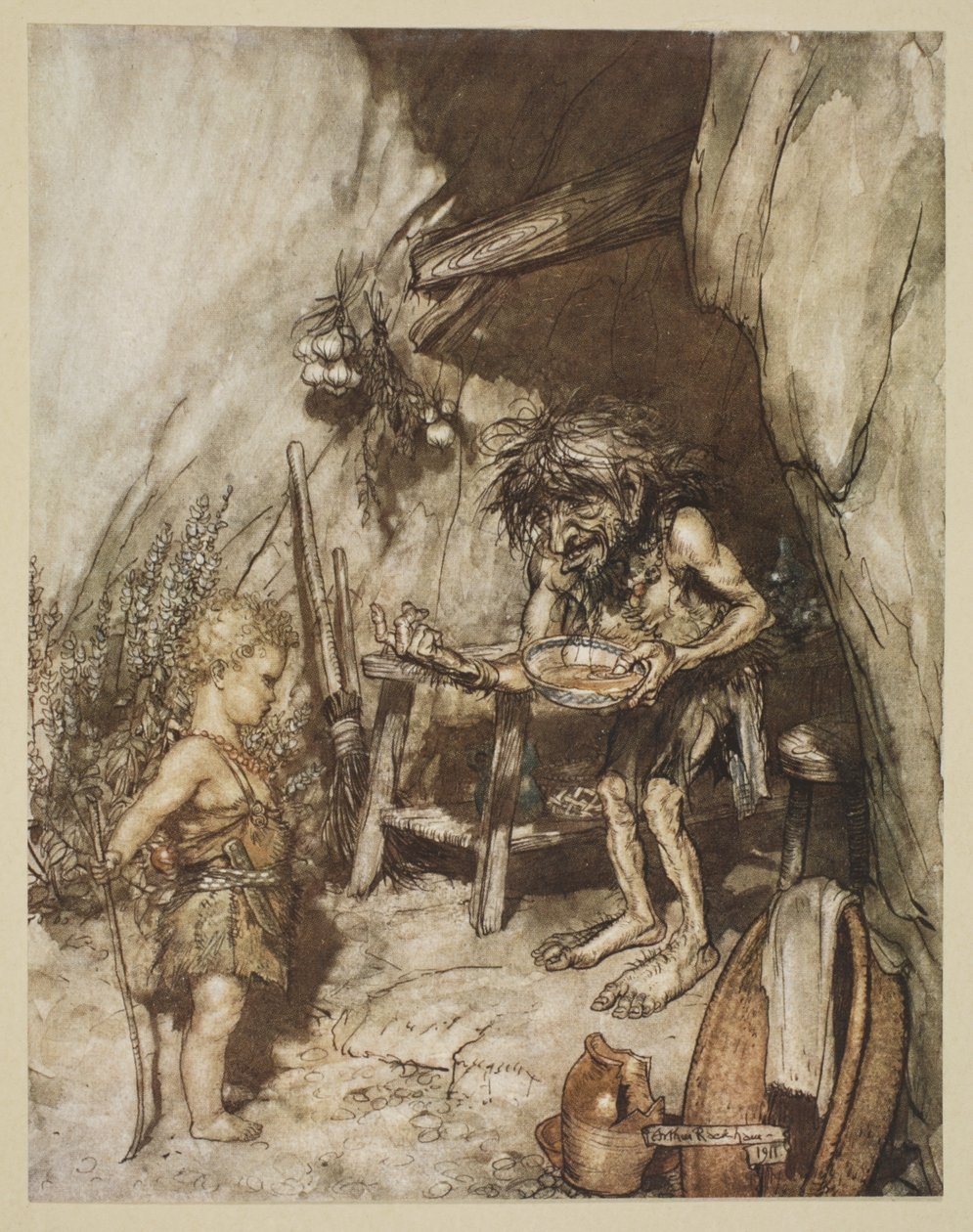 Mimika és a csecsemő, illusztráció a "Siegfried és az istenek alkonya" című filmből, 1924. alkotó: Arthur Rackham