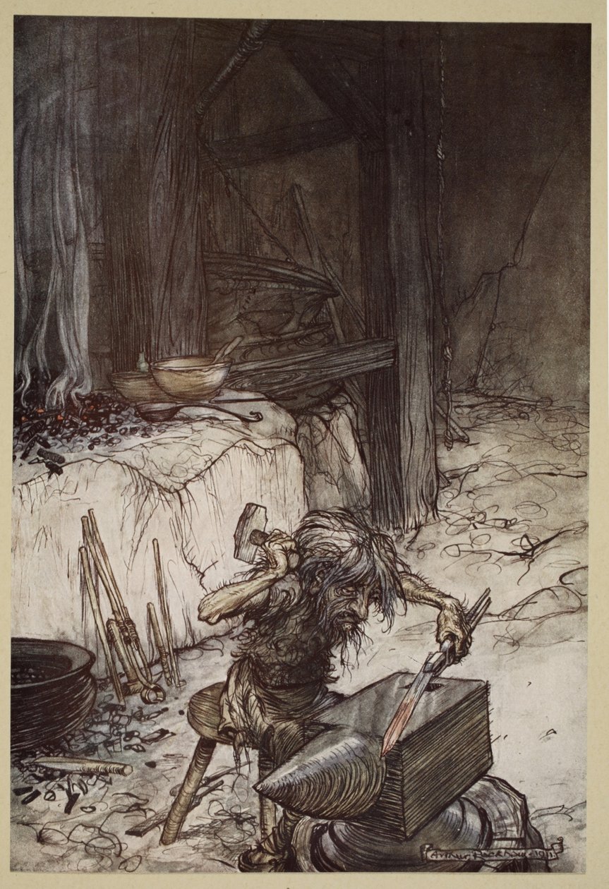 Mime az üllőnél, illusztráció a "Siegfried és az istenek alkonya" című filmből, 1924 alkotó: Arthur Rackham