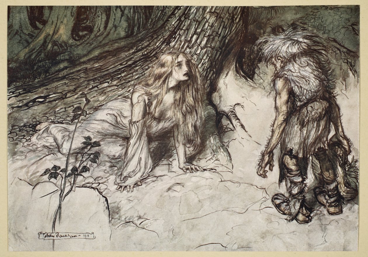 Mime megtalálja Siegfried anyját az erdőben, illusztráció a „Siegfried és az istenek alkonya” című művéből, 1924 alkotó: Arthur Rackham