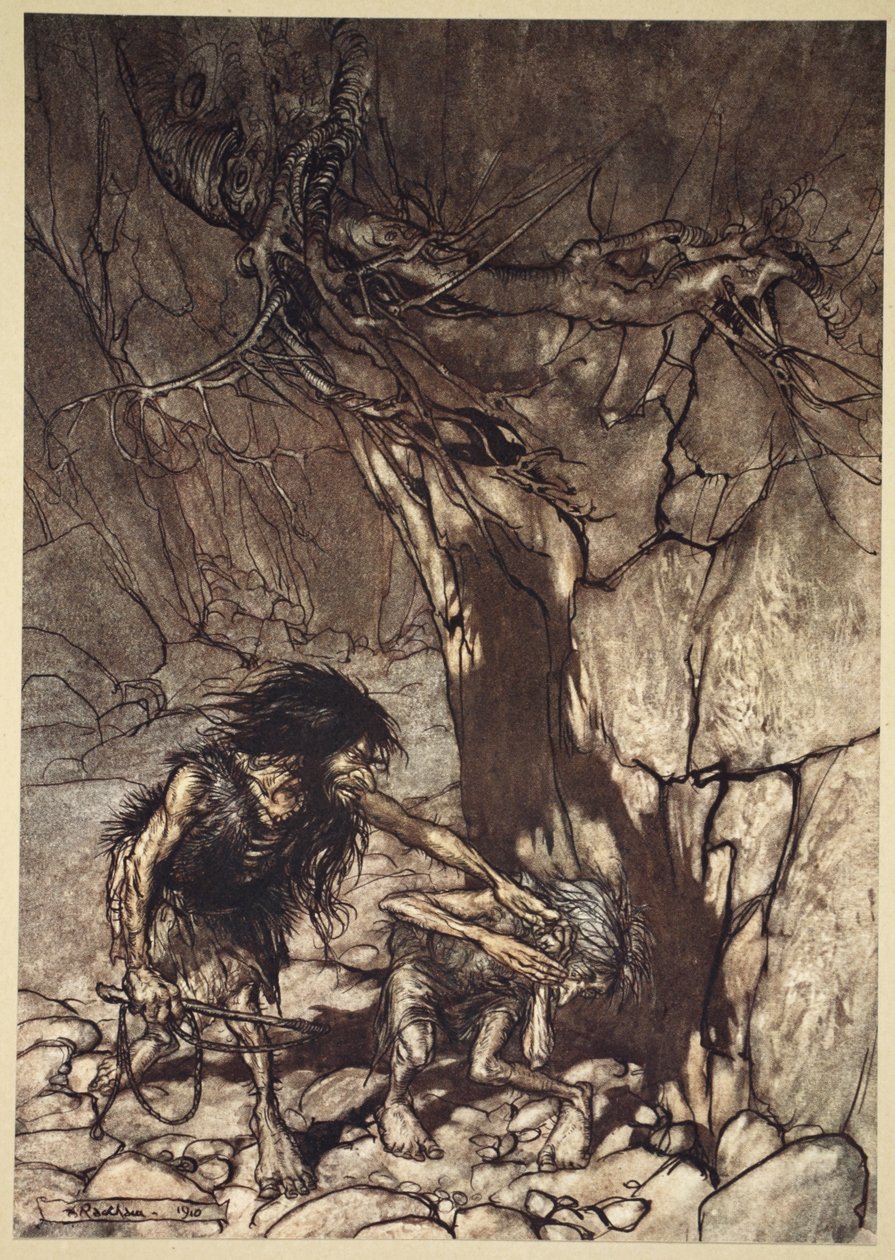 Mime üvöltve: Ó! Ó! Ó! Ó!”, illusztráció a „The Rhinegold and the Valkyrie”, 1910-ből alkotó: Arthur Rackham