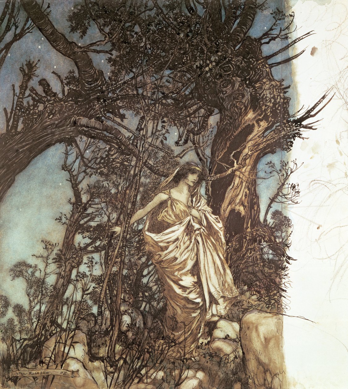 Soha ennyire fáradt, soha ilyen siralmas illusztráció a Szentivánéji álomhoz, 1908 alkotó: Arthur Rackham