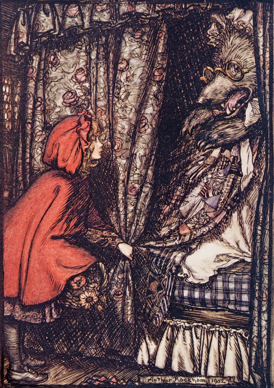 Ó, nagymama, milyen nagy füleid vannak, mondta, a Grimm testvérek meséi, kiadó: The Fairy Tales of the Brothers Grimm. 1909 alkotó: Arthur Rackham