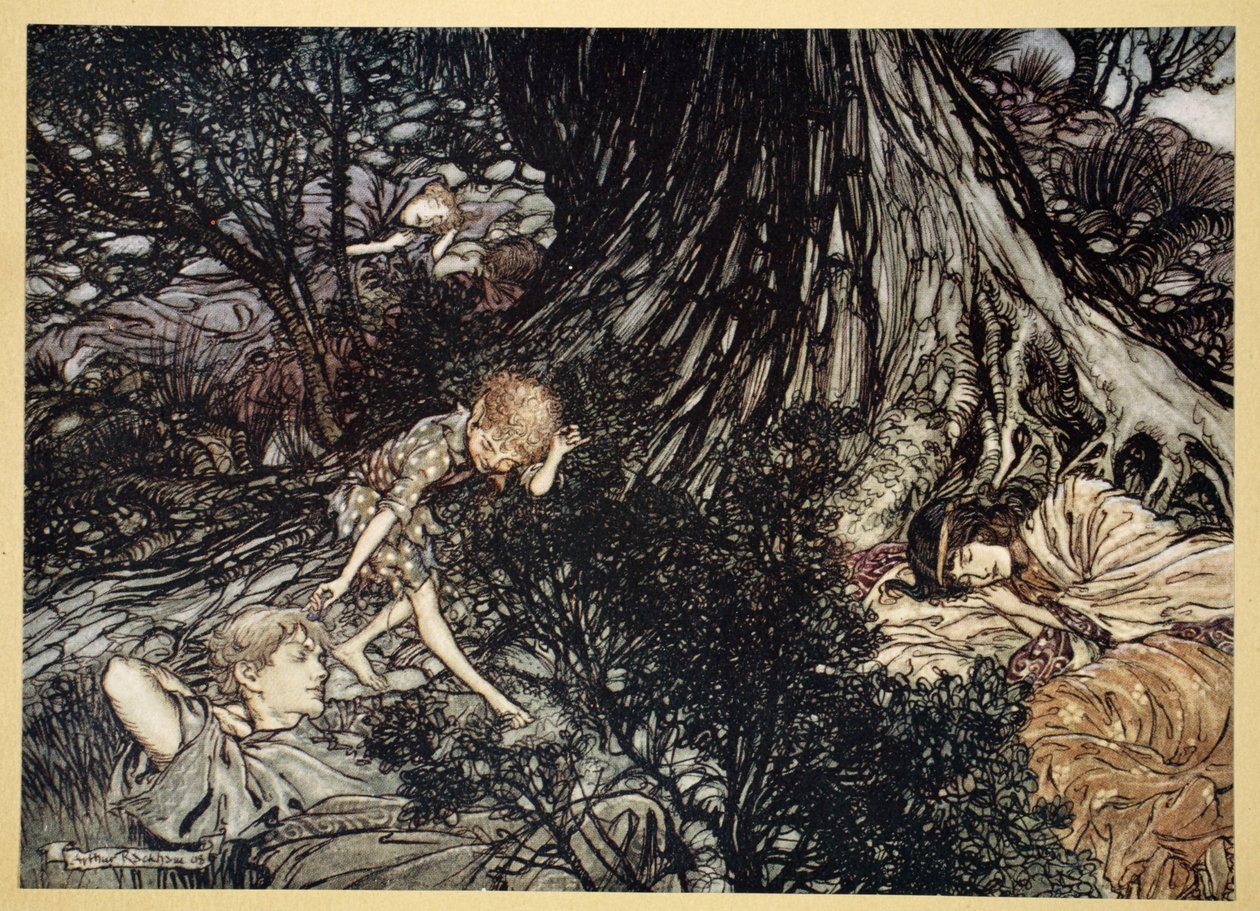 A földön Alvó hang: A szemedre kenem, szelíd szerető, gyógyír, illusztráció William Shakespeare Szentivánéji álom című művéből, 1908 alkotó: Arthur Rackham