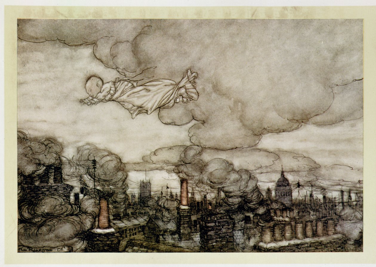 Pán Péter repül London felett, illusztrációja J. M. Barrie (1860-1937) „Pán Péter” című könyvéből alkotó: Arthur Rackham