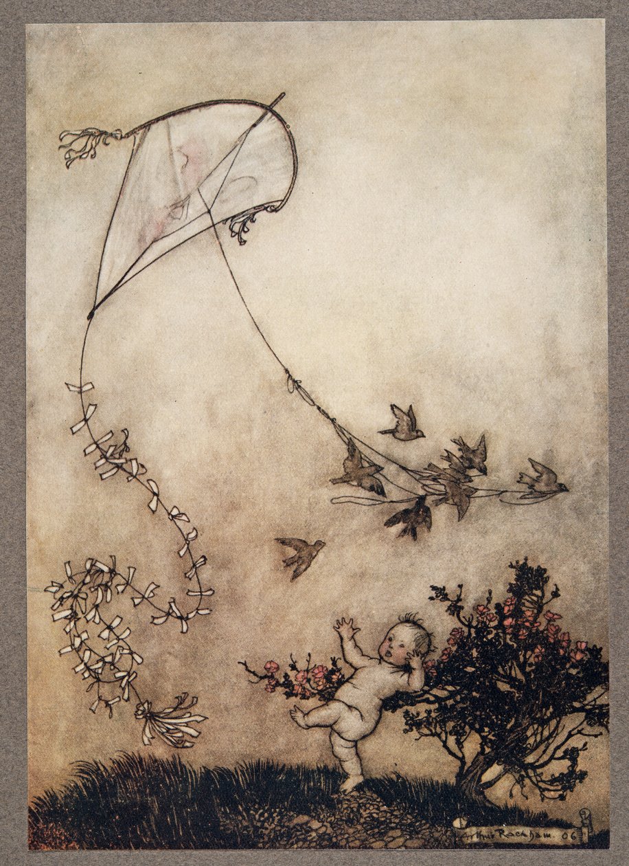 Péter felsikoltott Csináld újra! és nagy jóindulattal többször is megcsinálták, Peter Pan-tól a Kensington Gardens-ben J M Barrie (1860 - 1937), pub. 1906 alkotó: Arthur Rackham