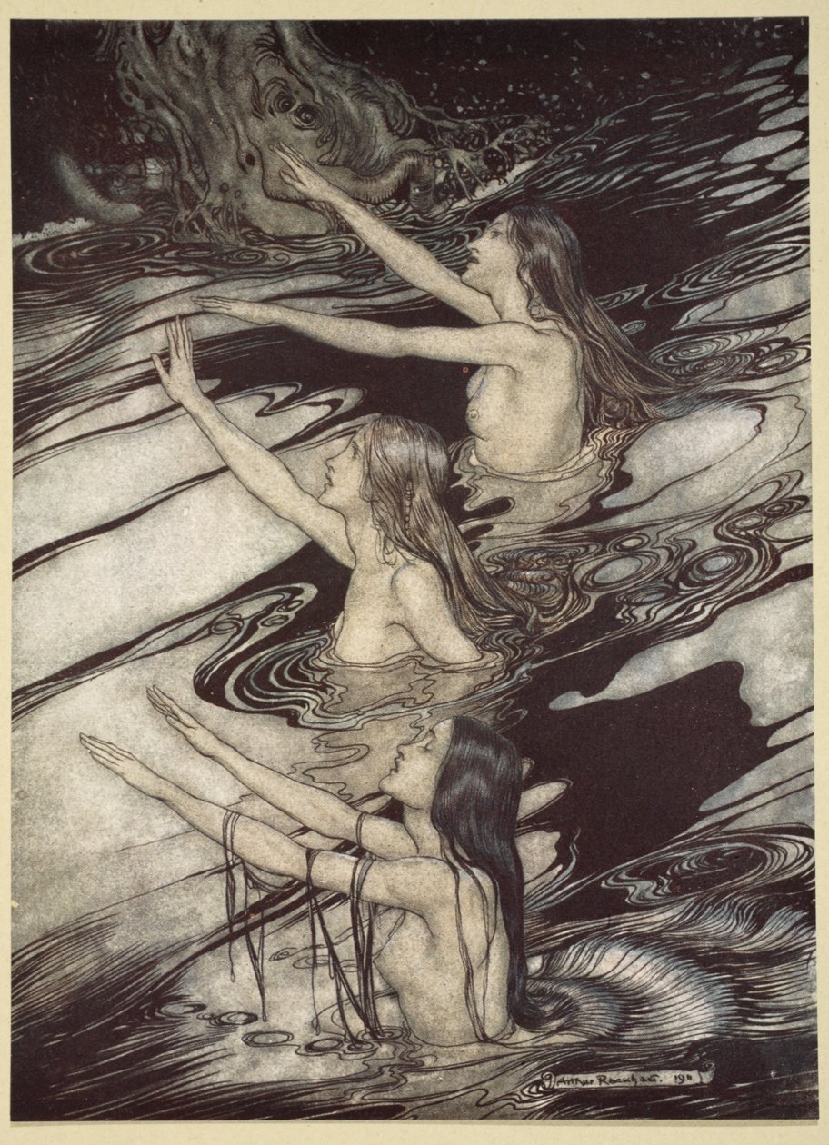 "Siegfried! Siegfried! Figyelmeztetésünk igaz: menekülj, ó menekülj az átok elől!", a "Siegfried és az istenek alkonya" című filmből, 1910. alkotó: Arthur Rackham