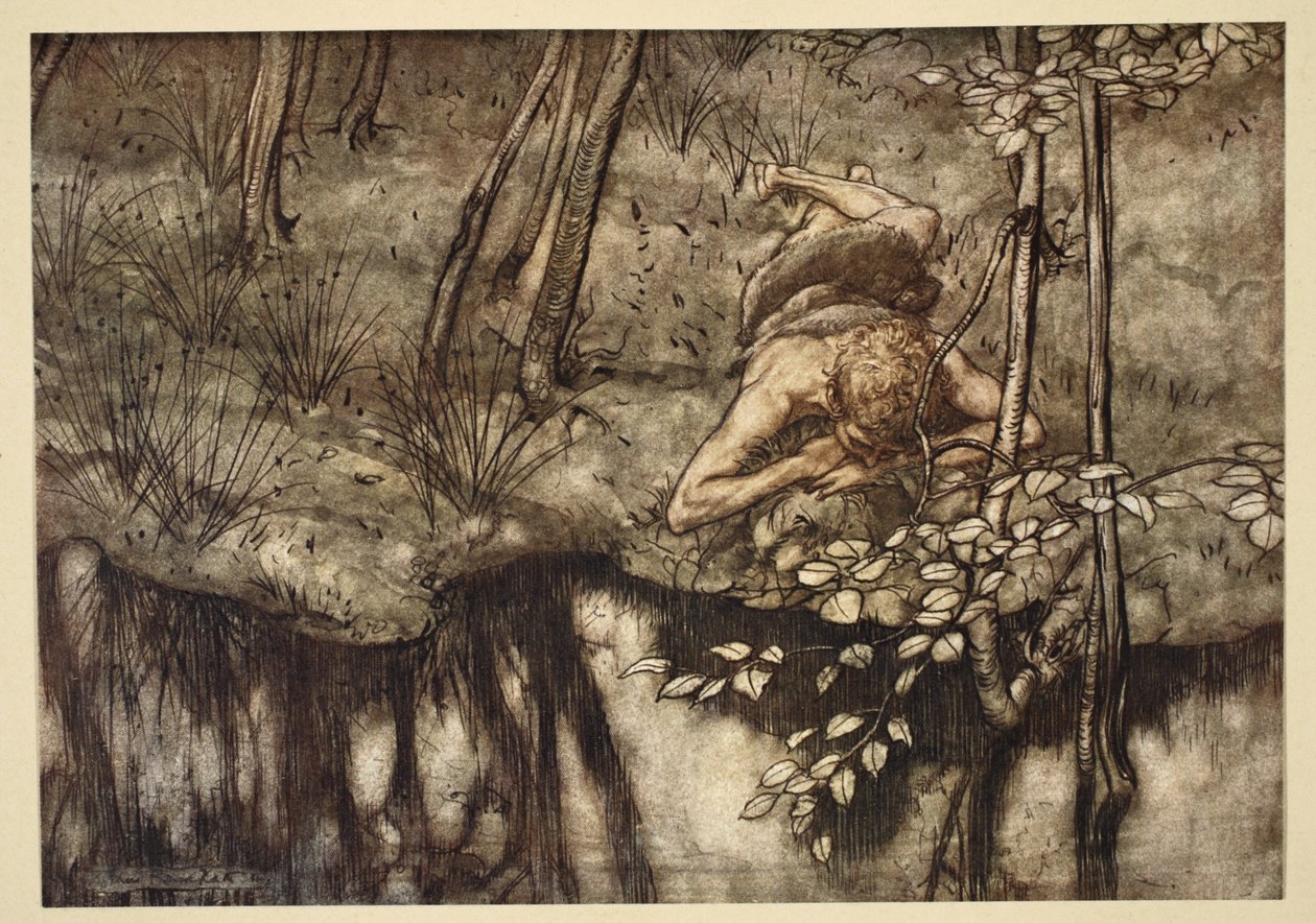 Siegfried látja magát a patakban, illusztráció a "Siegfried és az istenek alkonya" című filmből, 1924. alkotó: Arthur Rackham