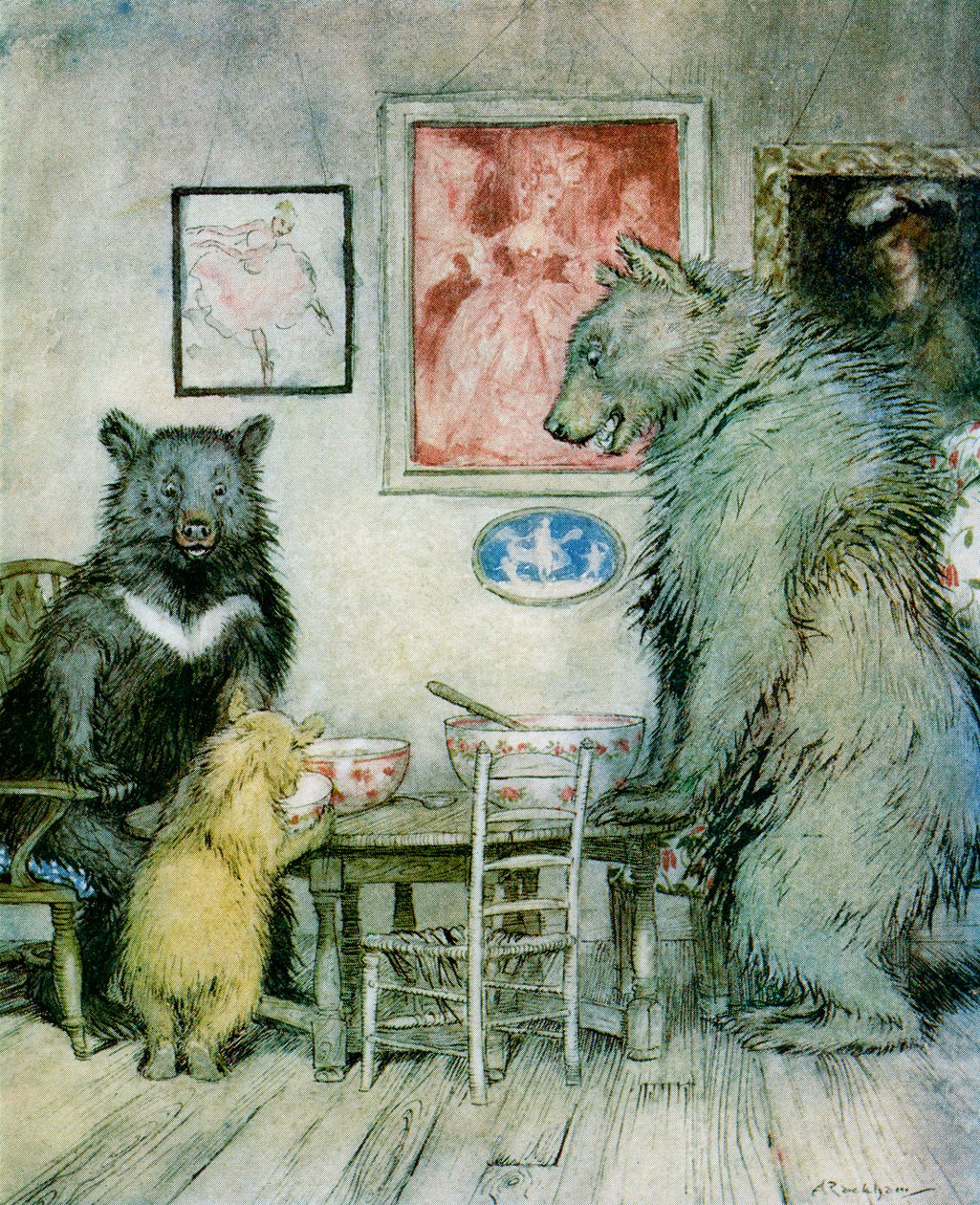 Valaki megkóstolta a zabkását, és megette az egészet az F.A. Steel által 1927-ben megjelent „English Fairy Tales Retold” című művéből. alkotó: Arthur Rackham