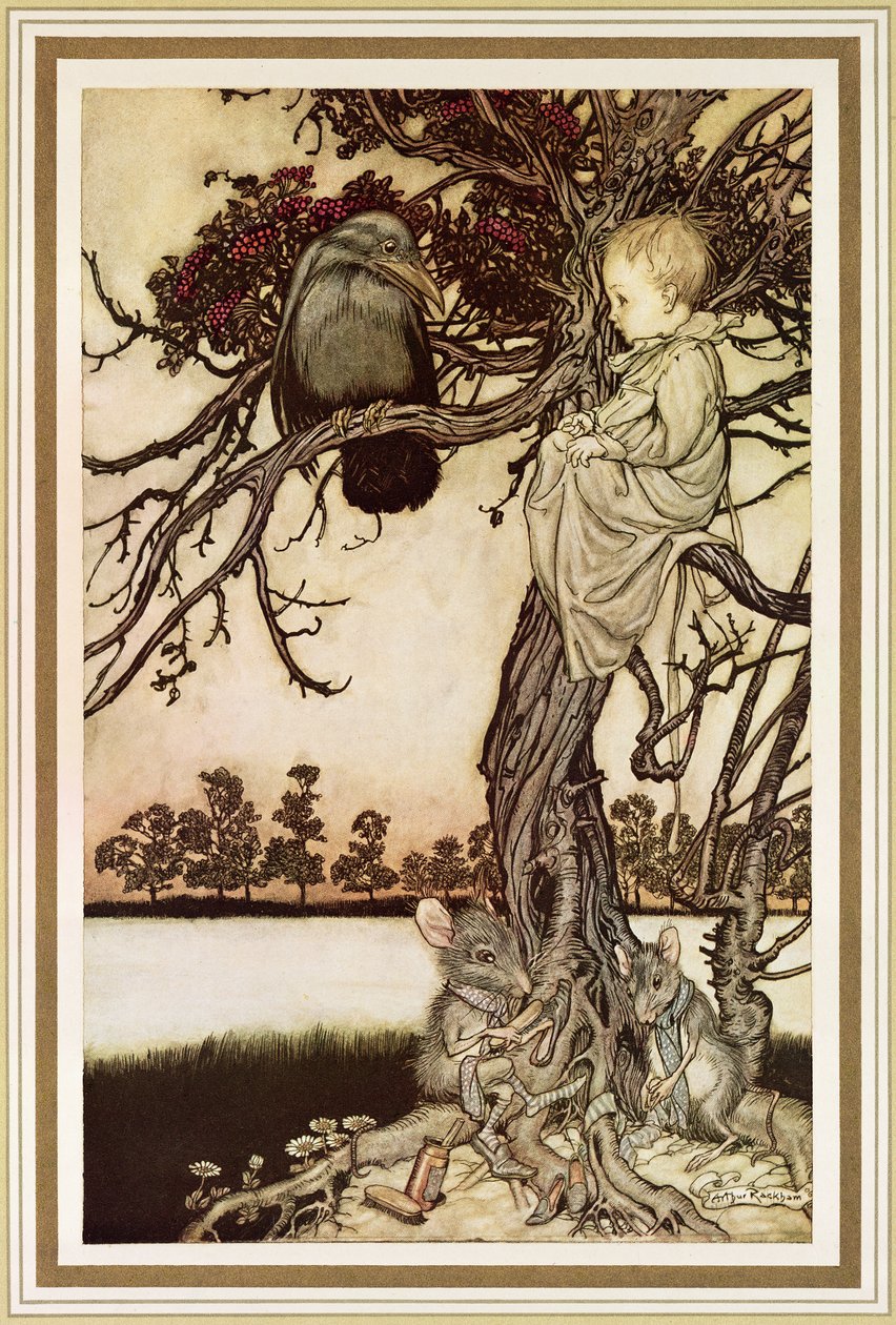 Beszélgetés a varjúval a „Peter Pan a Kensington Gardensben” című művéből, J. M. Barrie, 1906 alkotó: Arthur Rackham