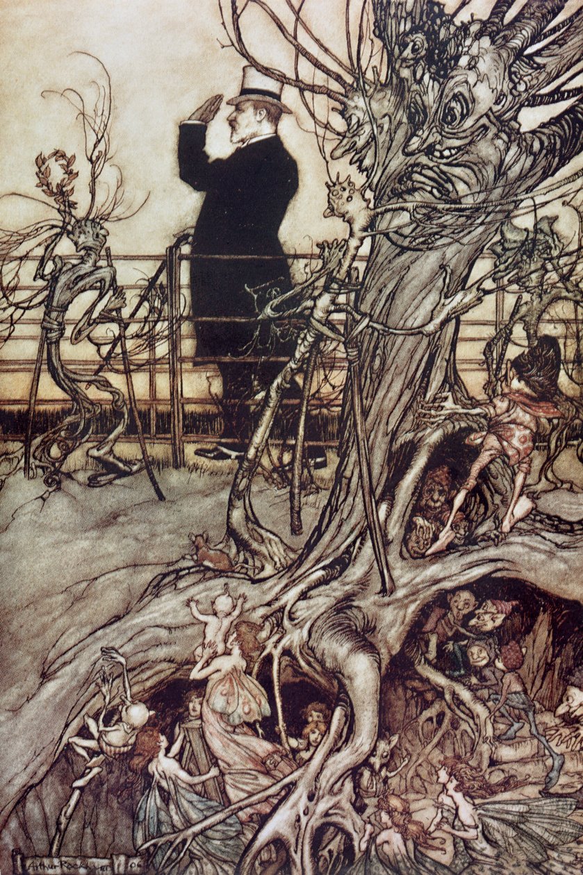 A Kensington Gardens Londonban található, ahol a király J. M. Barrie 1906-os „Peter Pan in Kensington Gardensben” című művéből él. alkotó: Arthur Rackham
