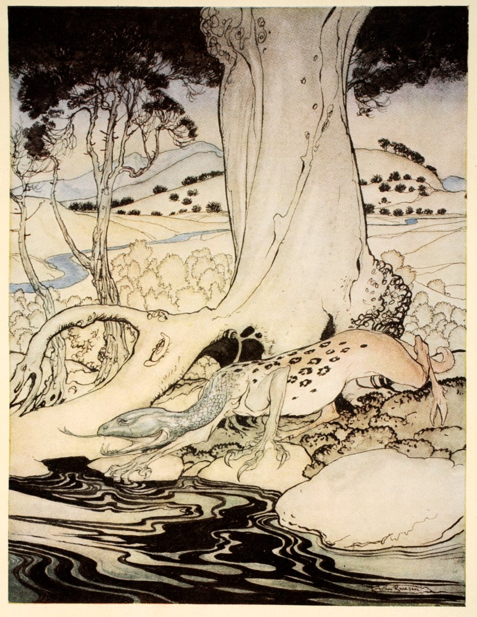 The Questing Beast, illusztráció: "Artúr király és a kerekasztal lovagjai románca" című művéből, Alfred W. Pollard, 1910 alkotó: Arthur Rackham