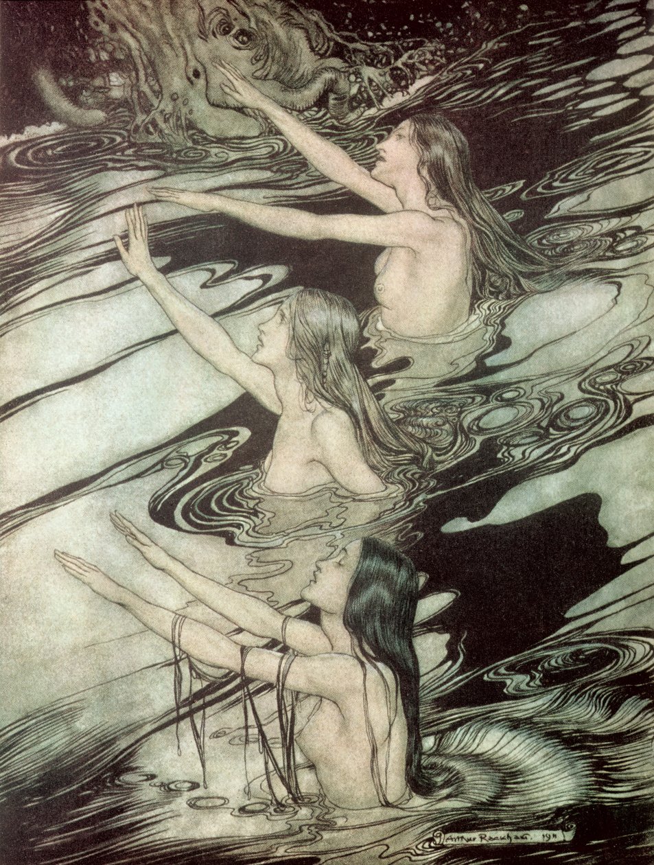 A rajnai lányok, Richard Wagner Siegfried és Az istenek alkonya című művéből, 1911 alkotó: Arthur Rackham