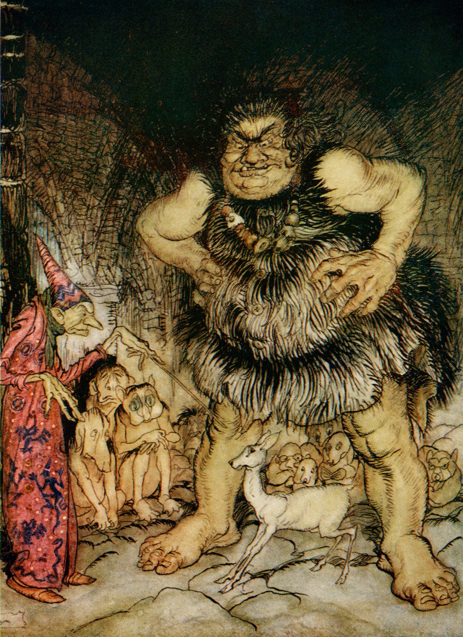 Az óriás Galligantua és a gonosz, vén varázsló a herceg lányát fehér hátúvá változtatja, illusztrációja Jack, az óriásgyilkosnak a F.A. Steel által újra elmesélt angol mesékből, 1927 (lith szín alkotó: Arthur Rackham