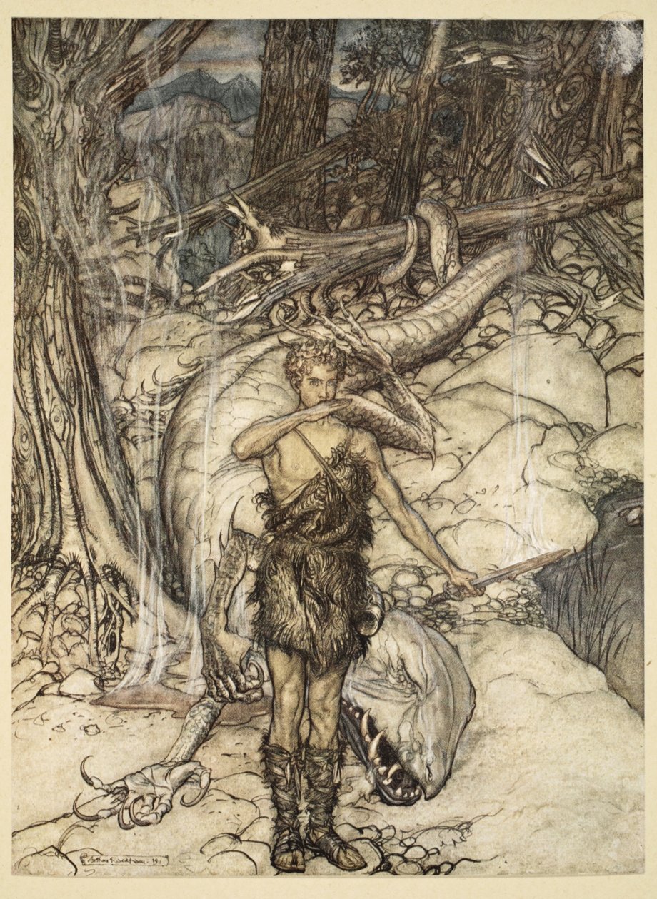 "A forró vér ég, mint a tűz!", illusztráció a "Siegfried és az istenek alkonya" című filmből, 1924. alkotó: Arthur Rackham