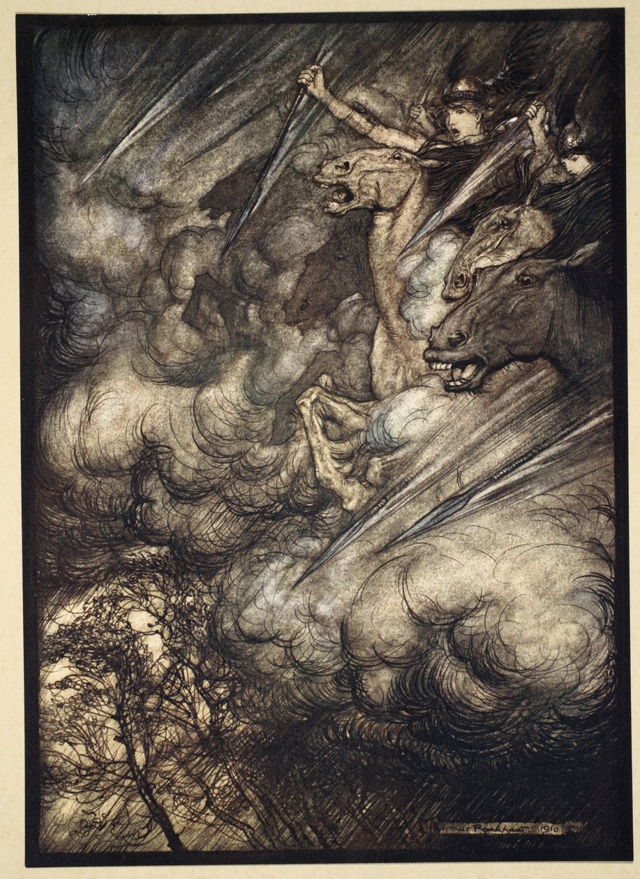 A Valkűr lovaglása, illusztráció a Rajnaarany és a Valkűrből, 1910 alkotó: Arthur Rackham