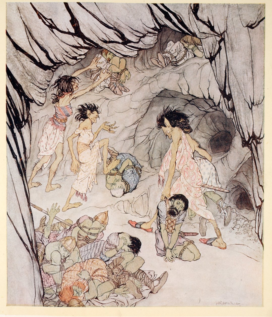 Ez kövér, mondta Cuillen, és egy terjedelmes Feniant görgetett végig, mint egy kereket, illusztrációja James Stephens „Irish Fairy Tales” című művéből, 1920. alkotó: Arthur Rackham