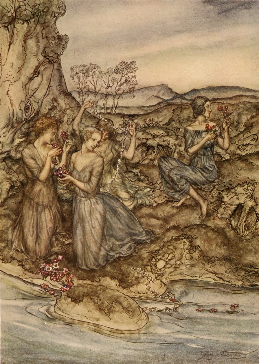 Összefonódó virágkoszorúk, illusztráció Nathaniel Hawthorne „Csodakönyv lányoknak és fiúknak” című művéből, 1928 alkotó: Arthur Rackham