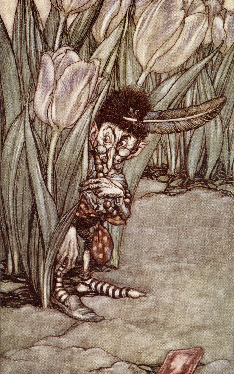 „Amikor meghallotta Peter hangját, riadtan beugrott egy tulipán mögé” – J. M. Barrie (1860-1937) 1910-ben megjelent „Peter Pan a Kensington Gardensben” című művéből. alkotó: Arthur Rackham